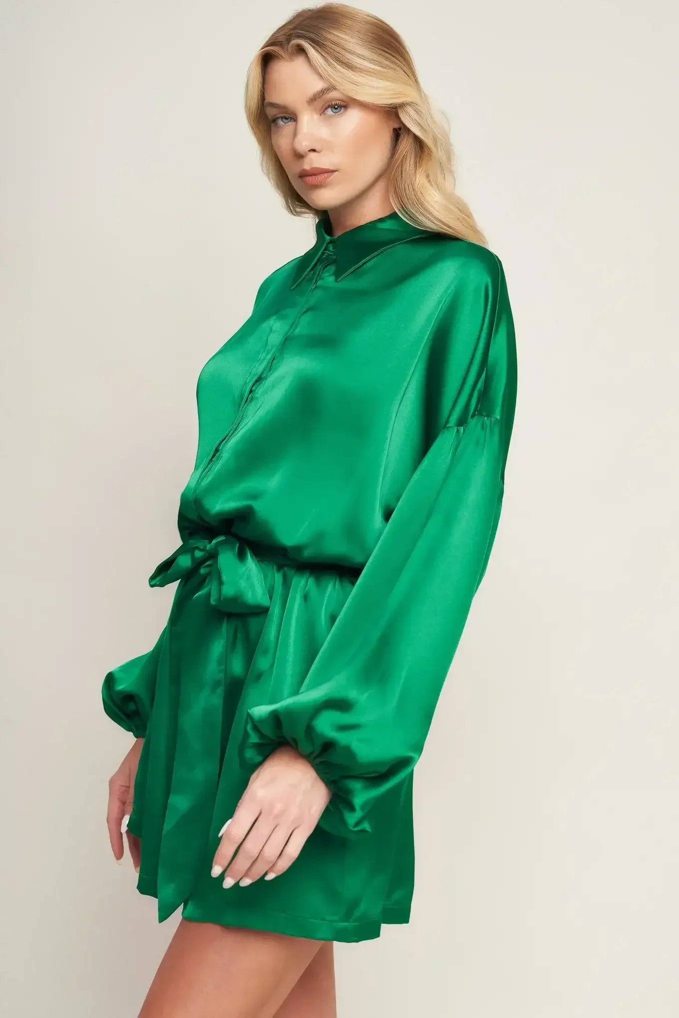 CELEBRATION TIME GREEN SATIN ROMPER WITH LONG SLEEVES