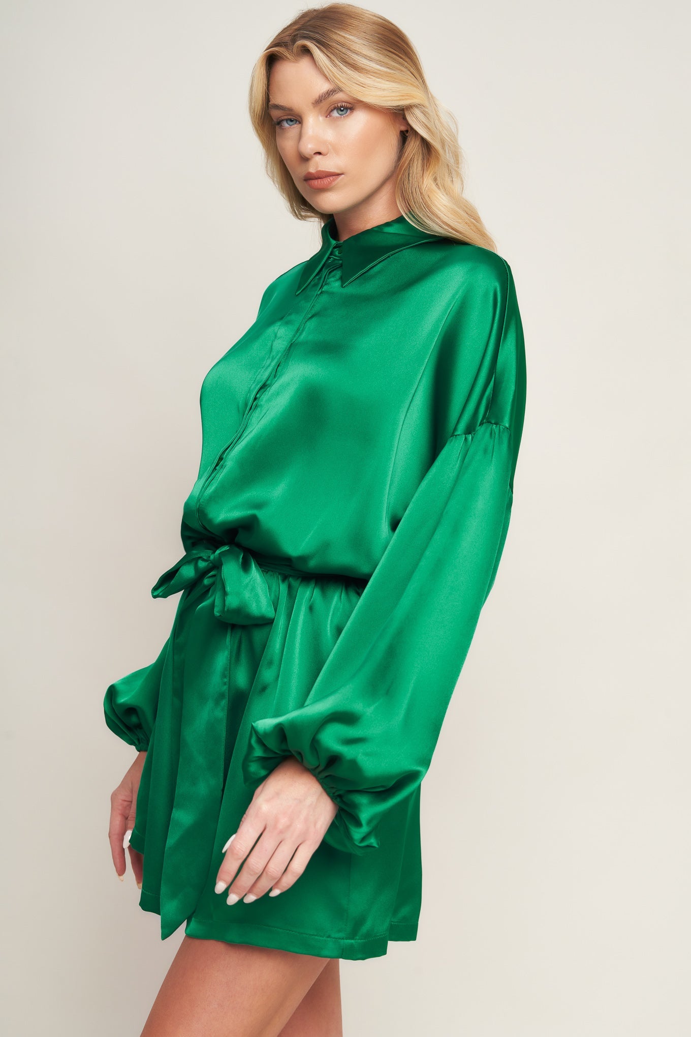 CELEBRATION TIME GREEN SATIN ROMPER WITH LONG SLEEVES