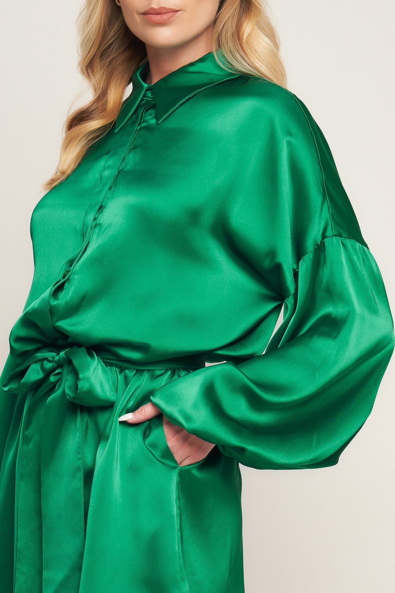 CELEBRATION TIME GREEN SATIN ROMPER WITH LONG SLEEVES