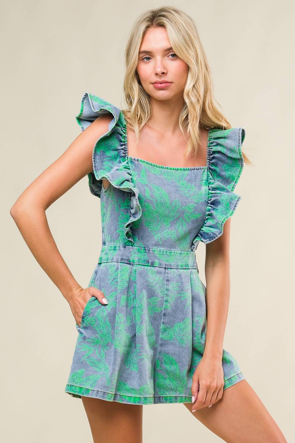 BLUE GREEN RUFFLE DENIM ROMPER