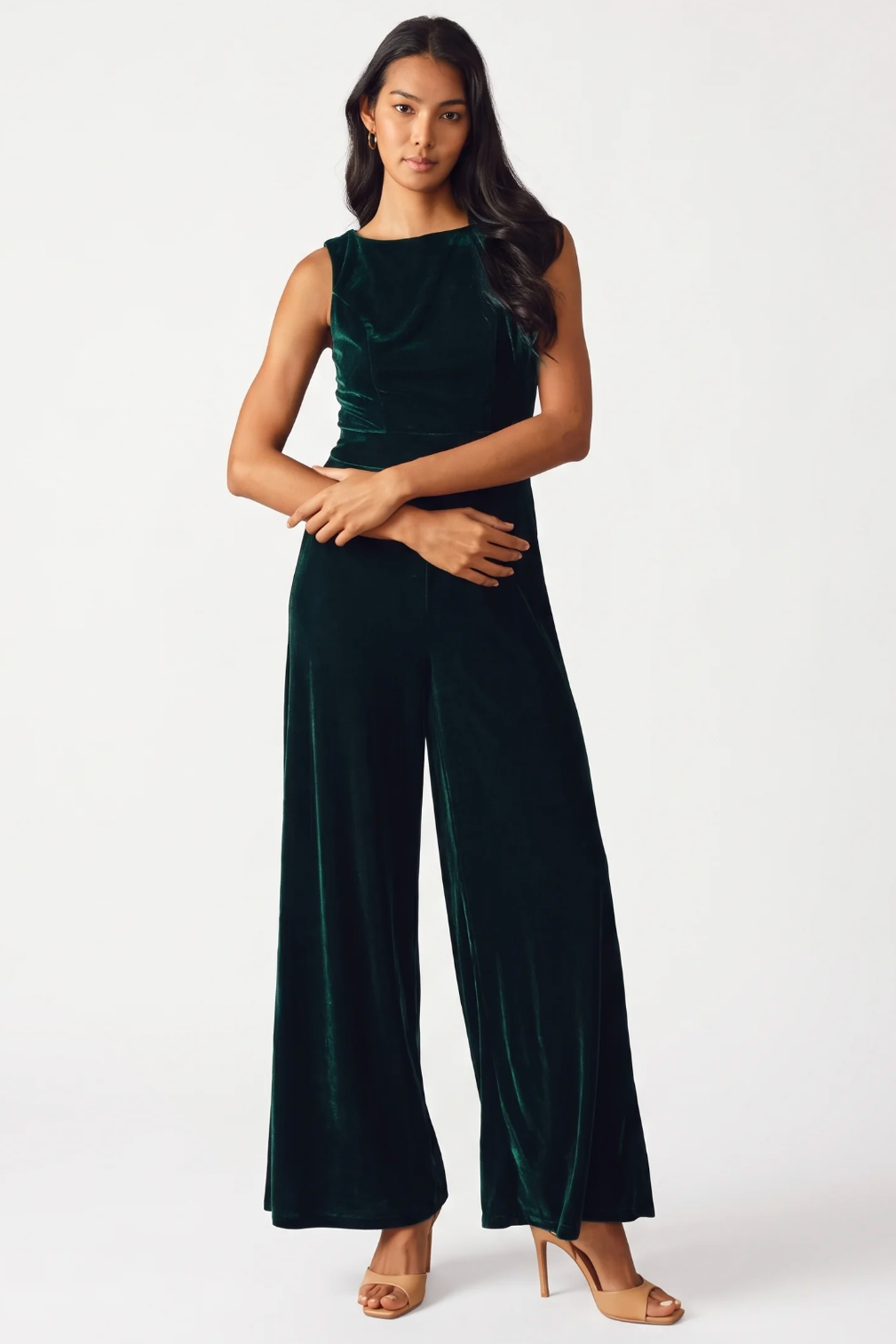 Sleeveless Wide Leg Velvet Jumpsuit in Green, front view | Lady Black Tie