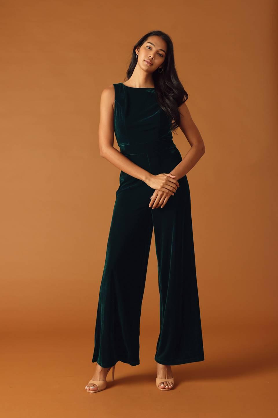 Sleeveless Wide Leg Velvet Jumpsuit in Green, front view | Lady Black Tie