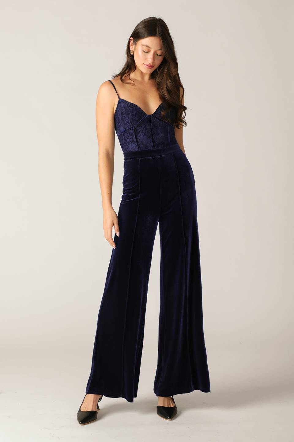 Viviana Navy Lace Velvet Jumpsuit – Formal Cocktail Look Lady