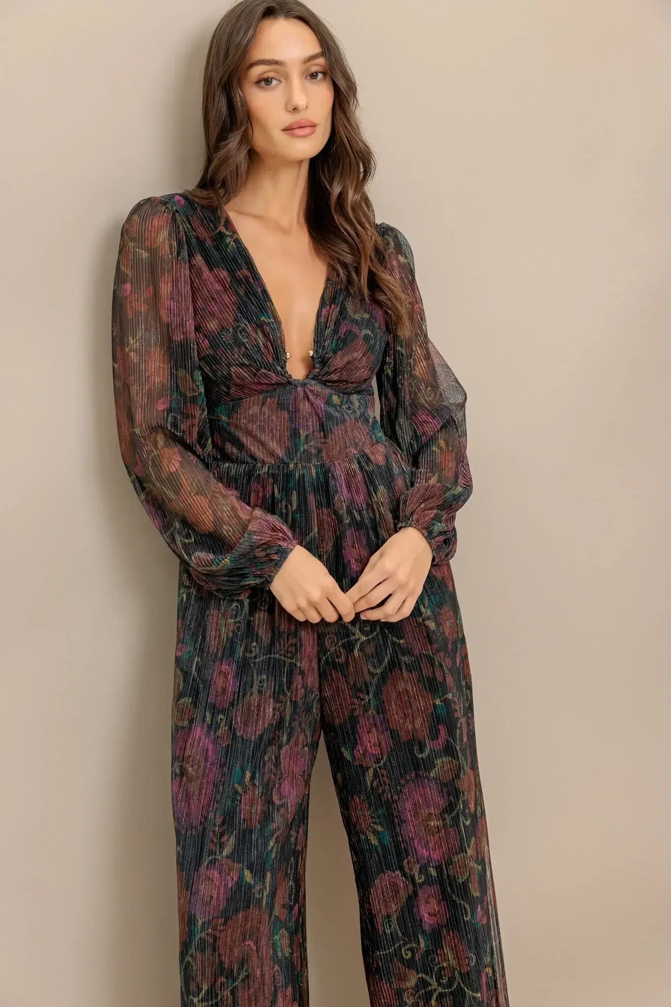 RAVINA METALLIC FLORAL JUMPSUIT