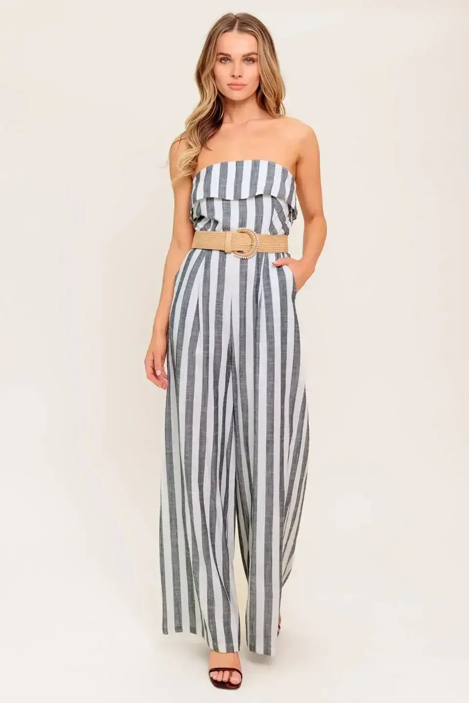 GREER STRAPLESS JUMPSUIT - WHITE & CHARCOAL STRIPE
