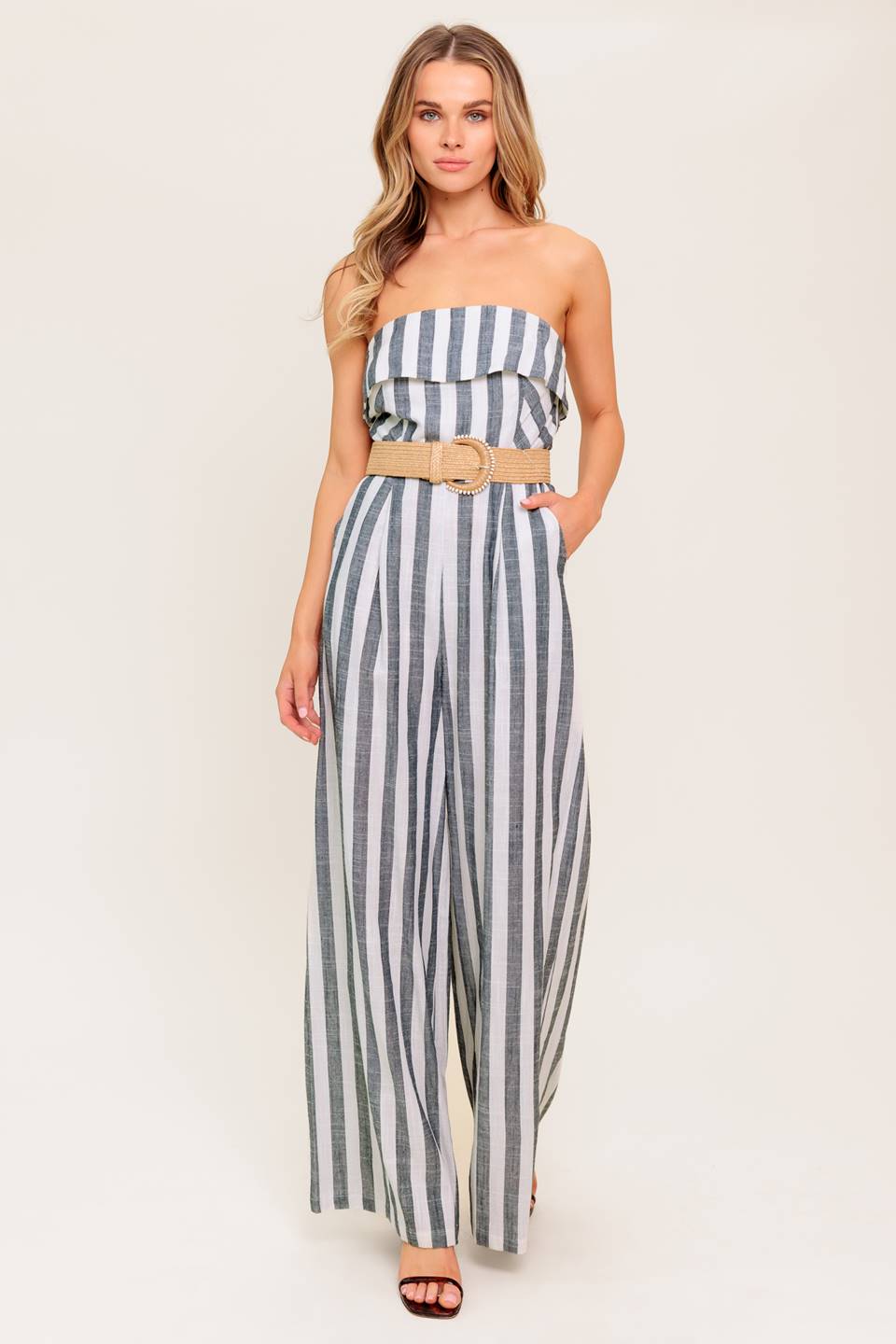 GREER STRAPLESS JUMPSUIT - WHITE & CHARCOAL STRIPE