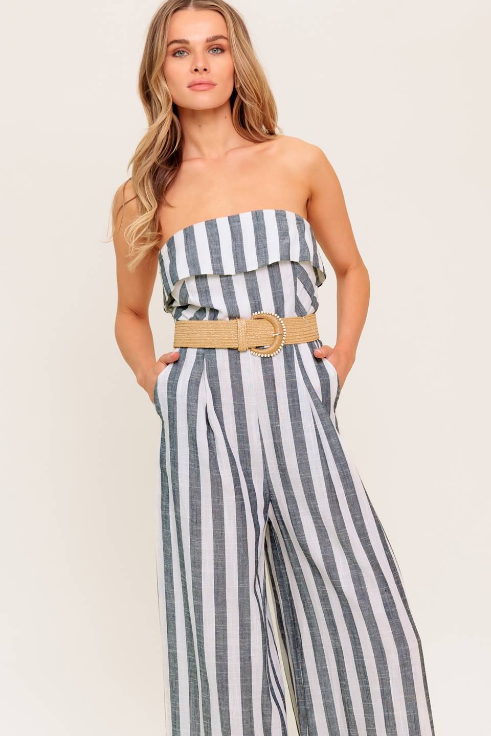GREER STRAPLESS JUMPSUIT - WHITE & CHARCOAL STRIPE