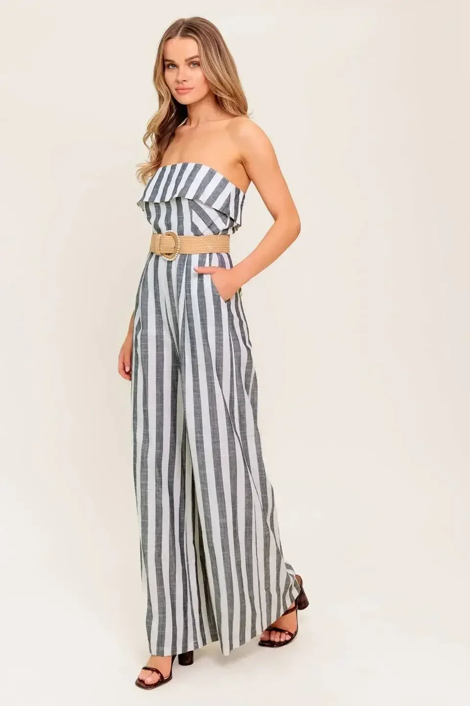 GREER STRAPLESS JUMPSUIT - WHITE & CHARCOAL STRIPE