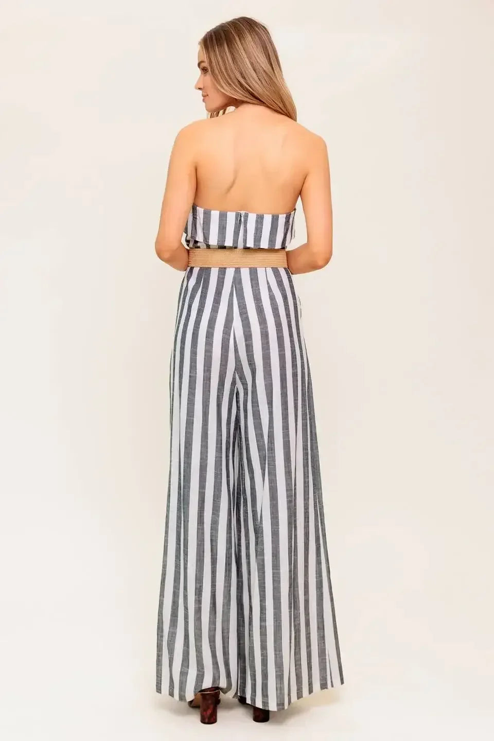 GREER STRAPLESS JUMPSUIT - WHITE & CHARCOAL STRIPE