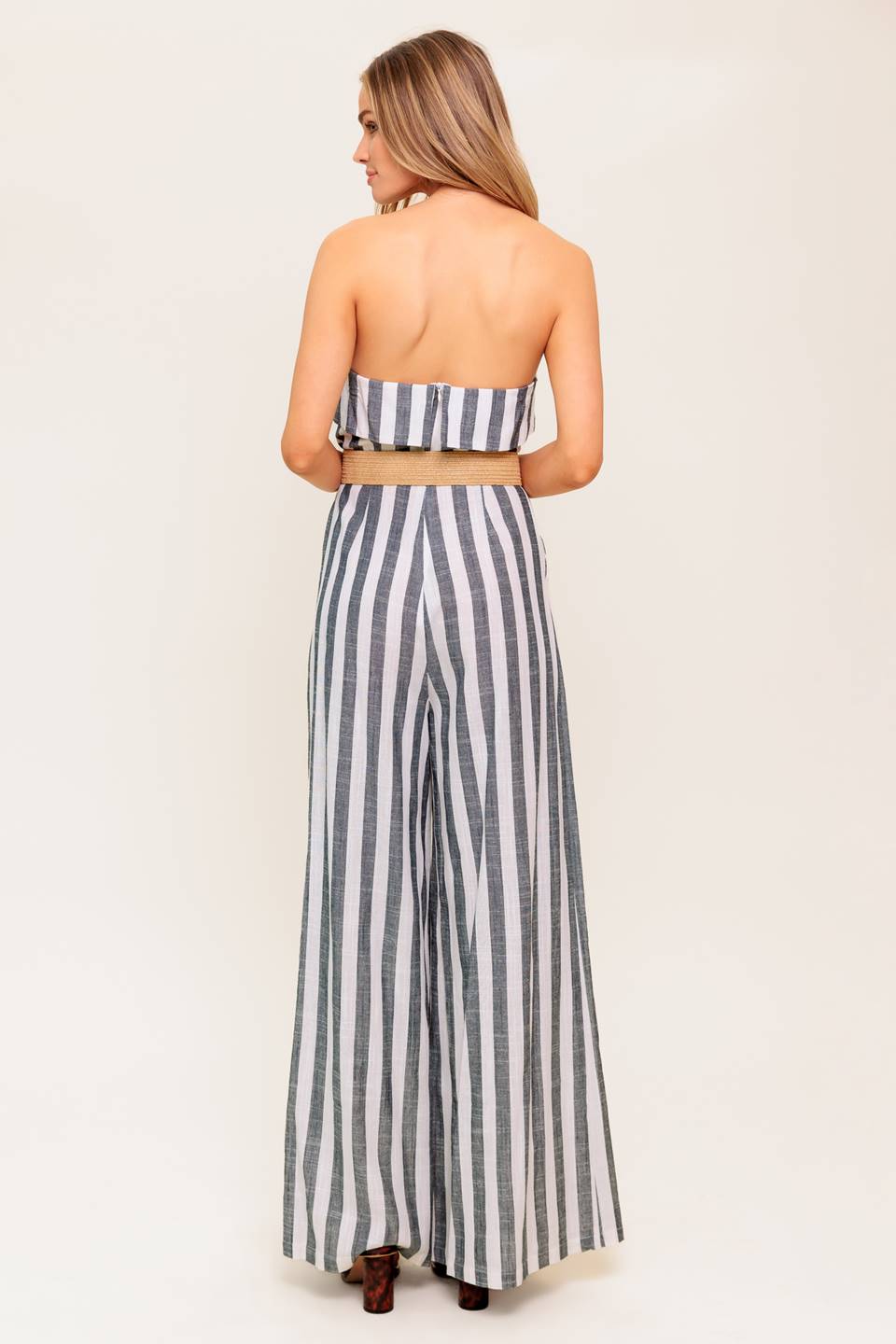 GREER STRAPLESS JUMPSUIT - WHITE & CHARCOAL STRIPE