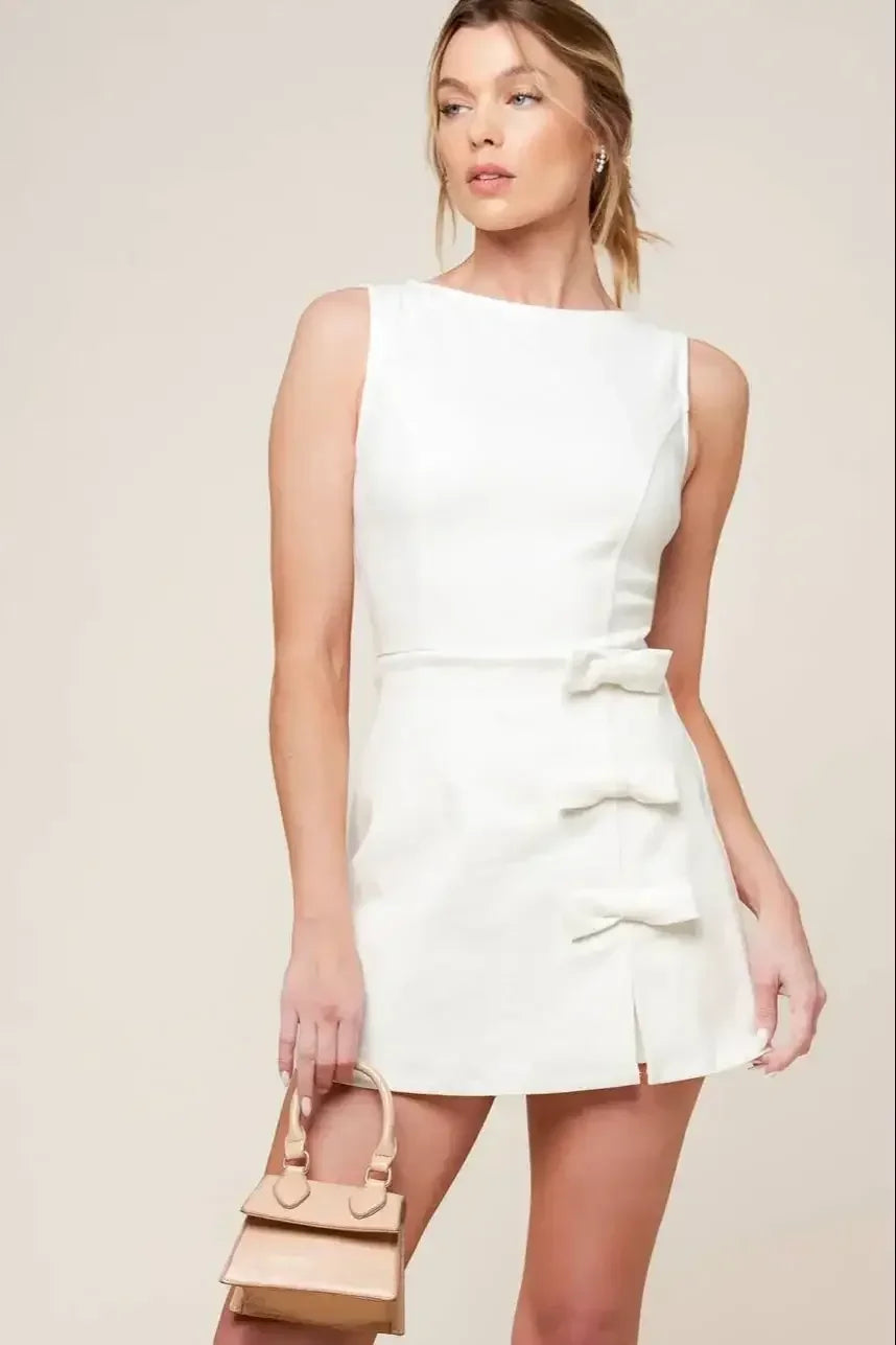 OPEN MINDED - WHITE DENIM BOW TRIM SKORT ROMPER