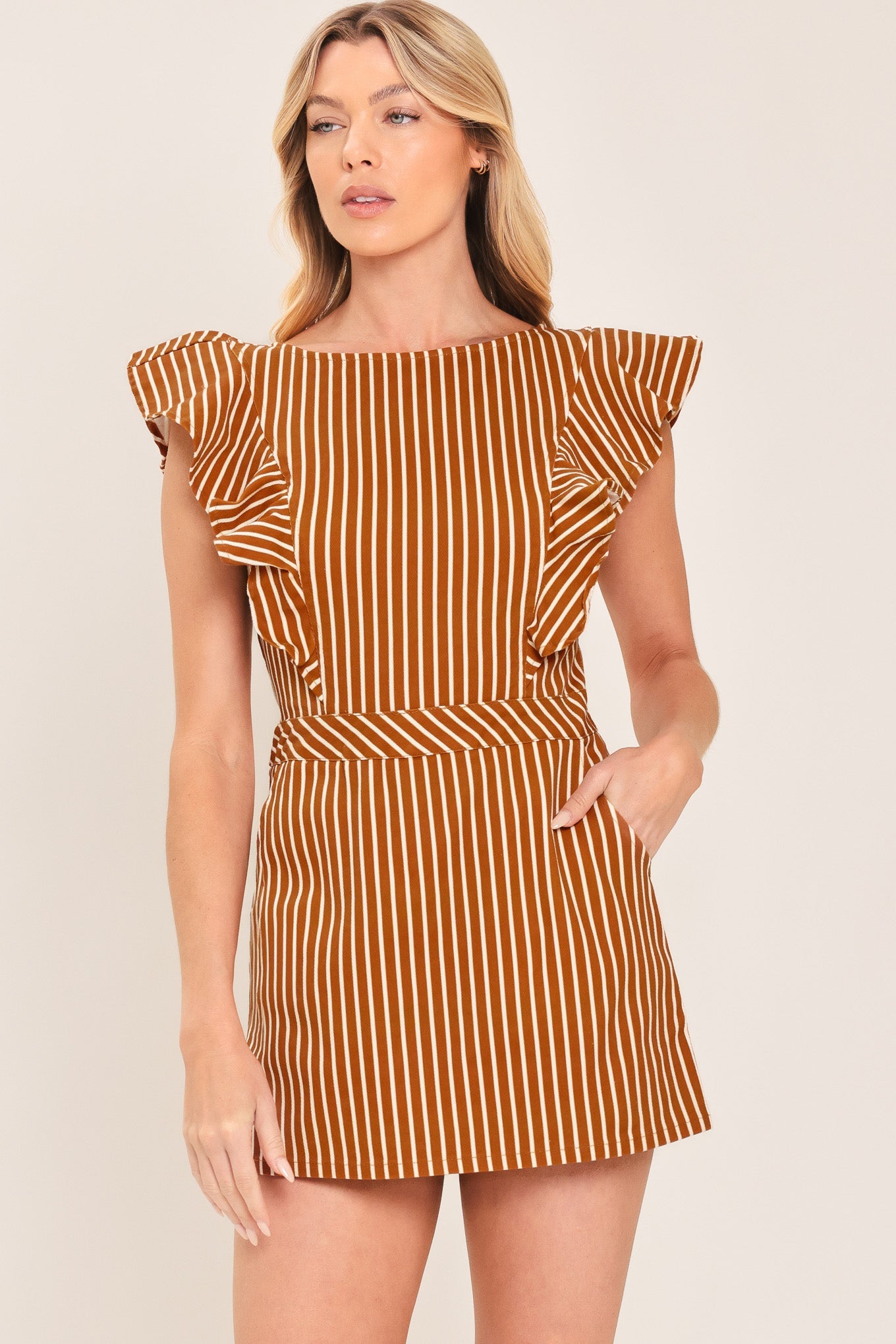 CINNAMON STRIPE - RUFFLE SEEVE SKORT ROMPER