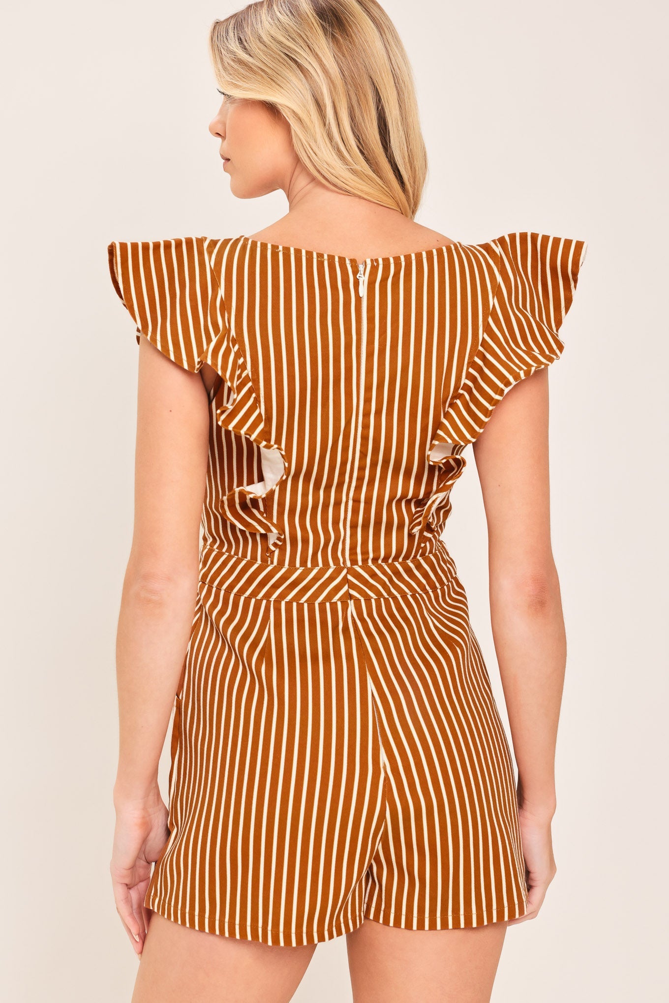 CINNAMON STRIPE - RUFFLE SEEVE SKORT ROMPER