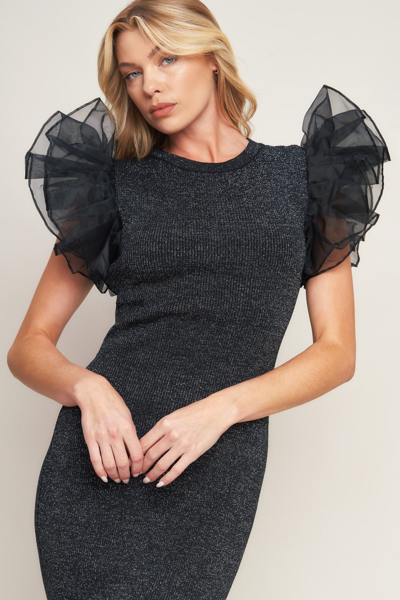 VOLUMINOUS POWER METALLIC BLACK MIDI DRESS