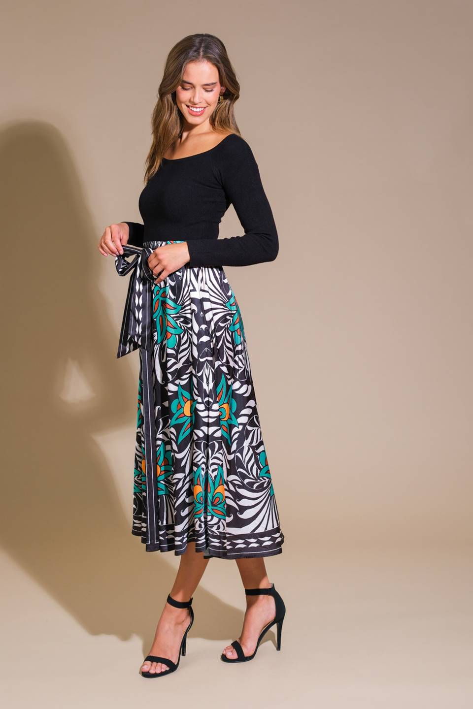 MELINA SWEATER & PRINT MIDI DRESS