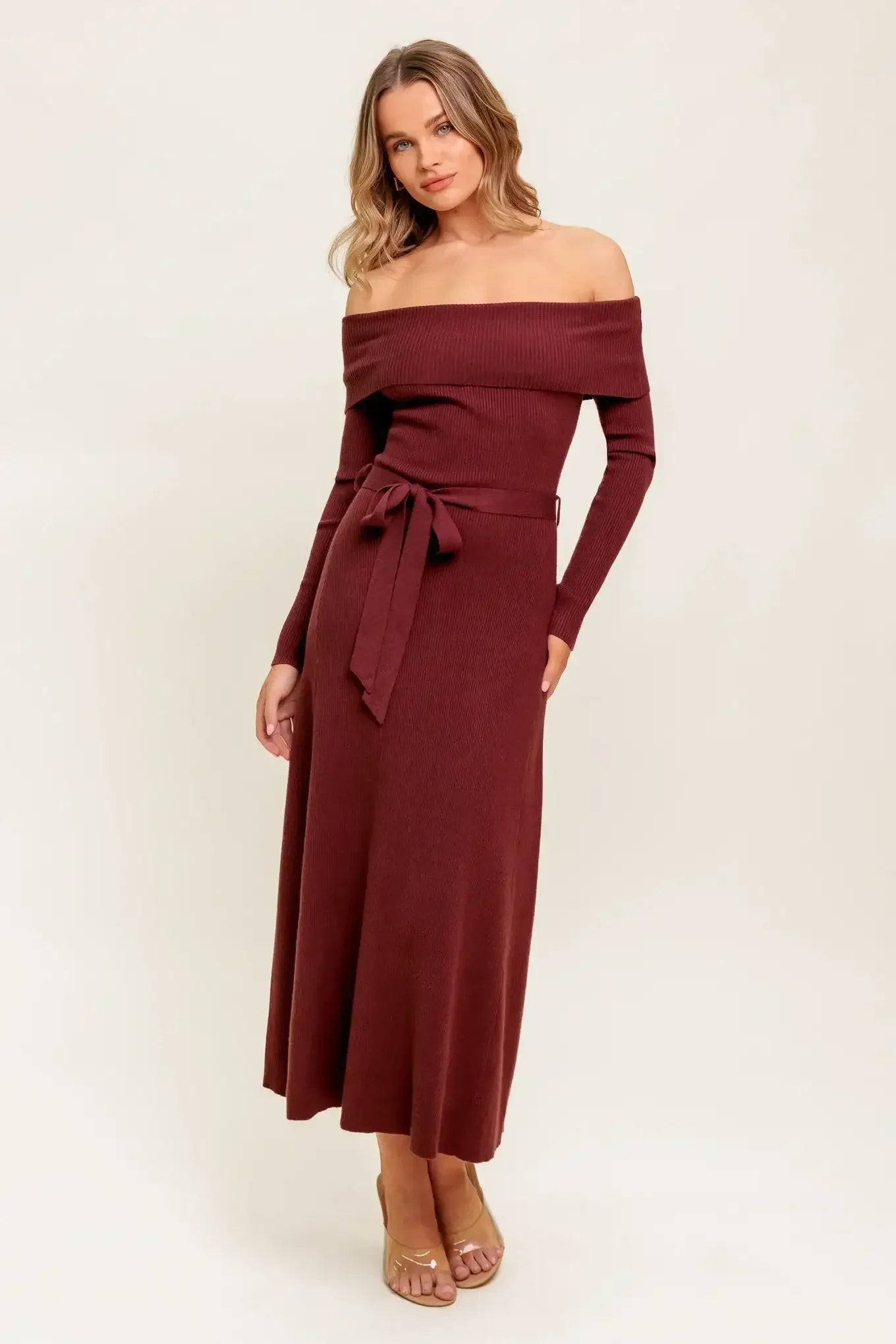 RUSTIC RETREAT - OFF THE SHOULDER SWEATER DRESS