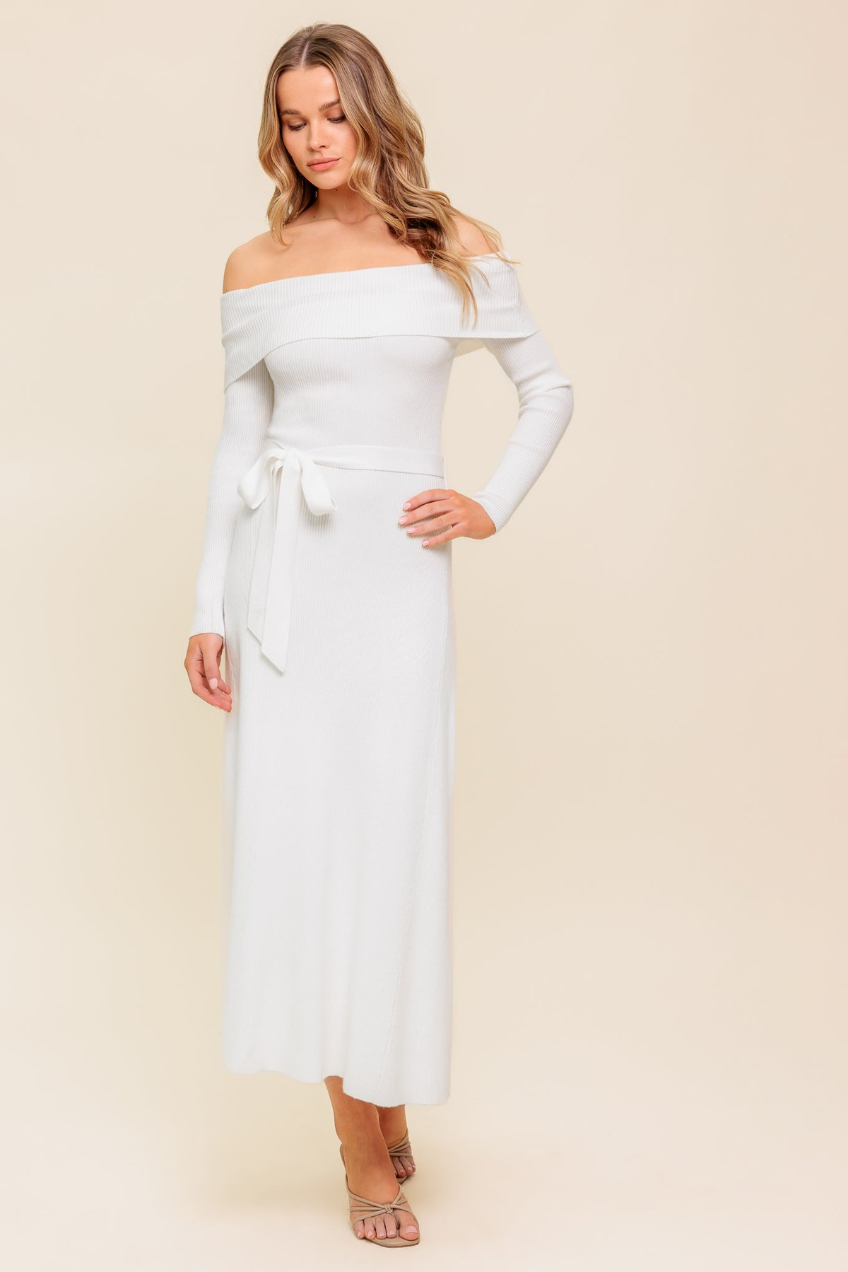 Ribbed Knit Off Shoulder Sash Tie Sweater Dress in Ivory, alternate view | Lady Black Tie