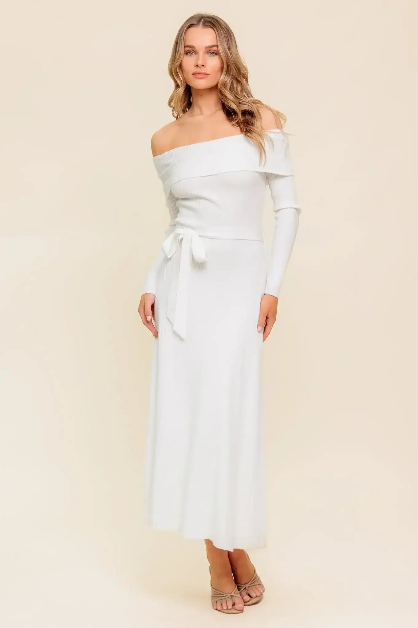 RUSTIC RETREAT - OFF THE SHOULDER SWEATER DRESS