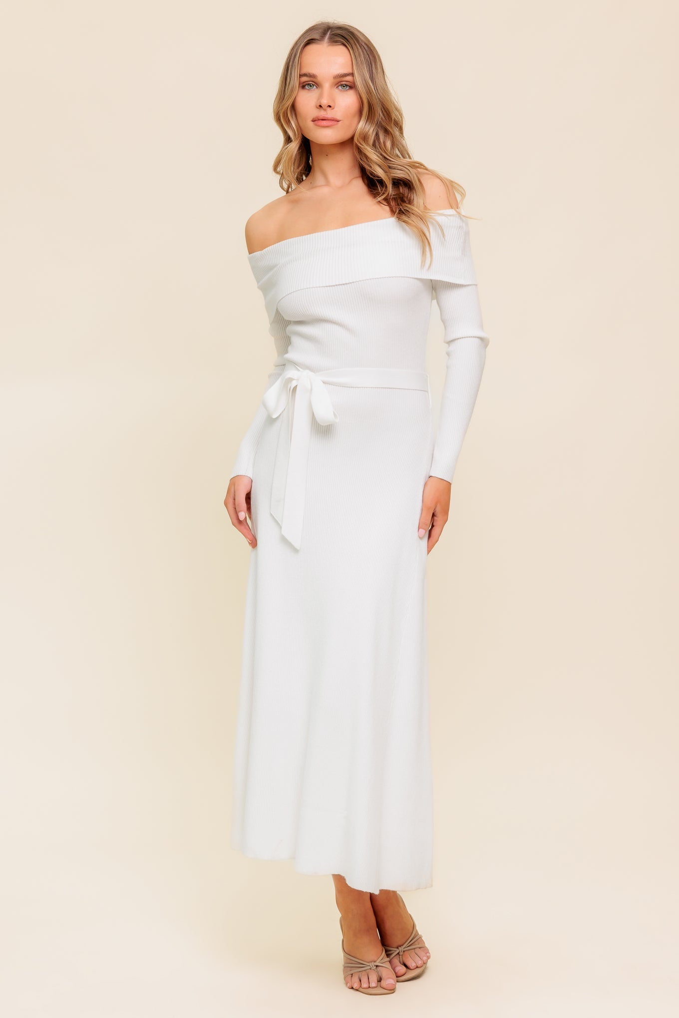 RUSTIC RETREAT - OFF THE SHOULDER SWEATER DRESS