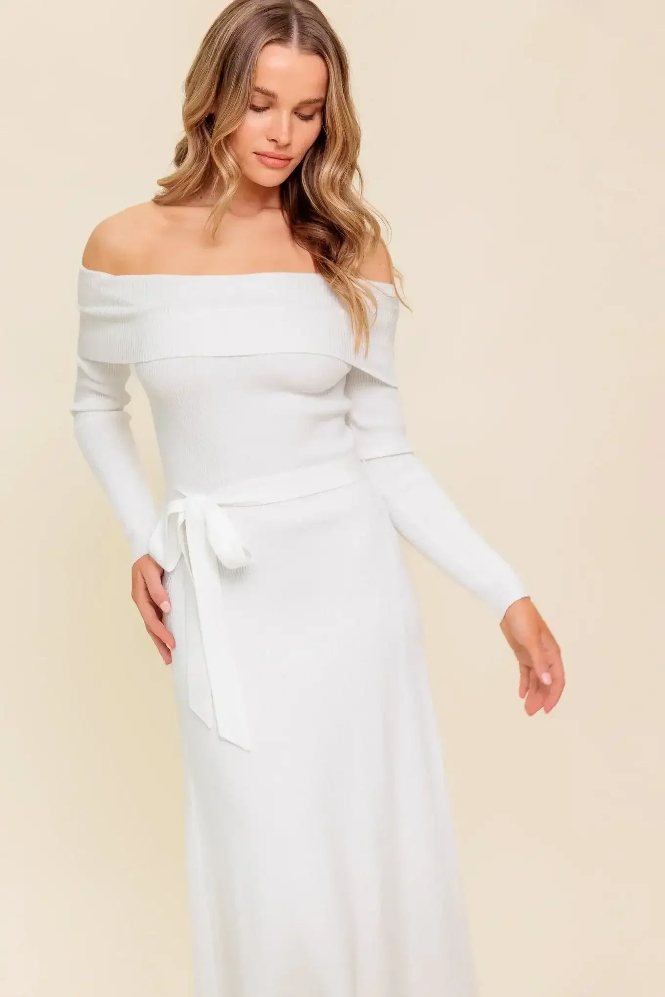 RUSTIC RETREAT - OFF THE SHOULDER SWEATER DRESS