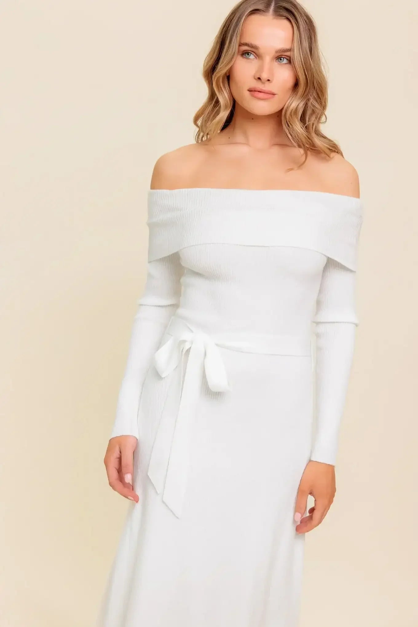 RUSTIC RETREAT - OFF THE SHOULDER SWEATER DRESS