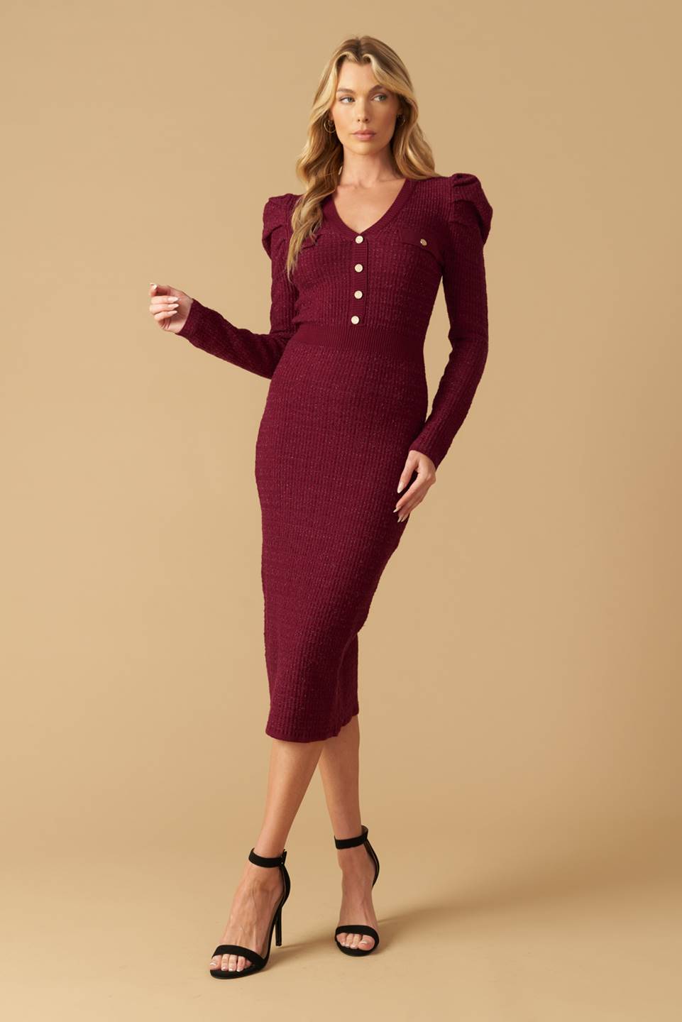 Size Small, YOUNG LOVE - BURGUNDY - PUFF SLEEVE SWEATER DRESS - FINAL SALE