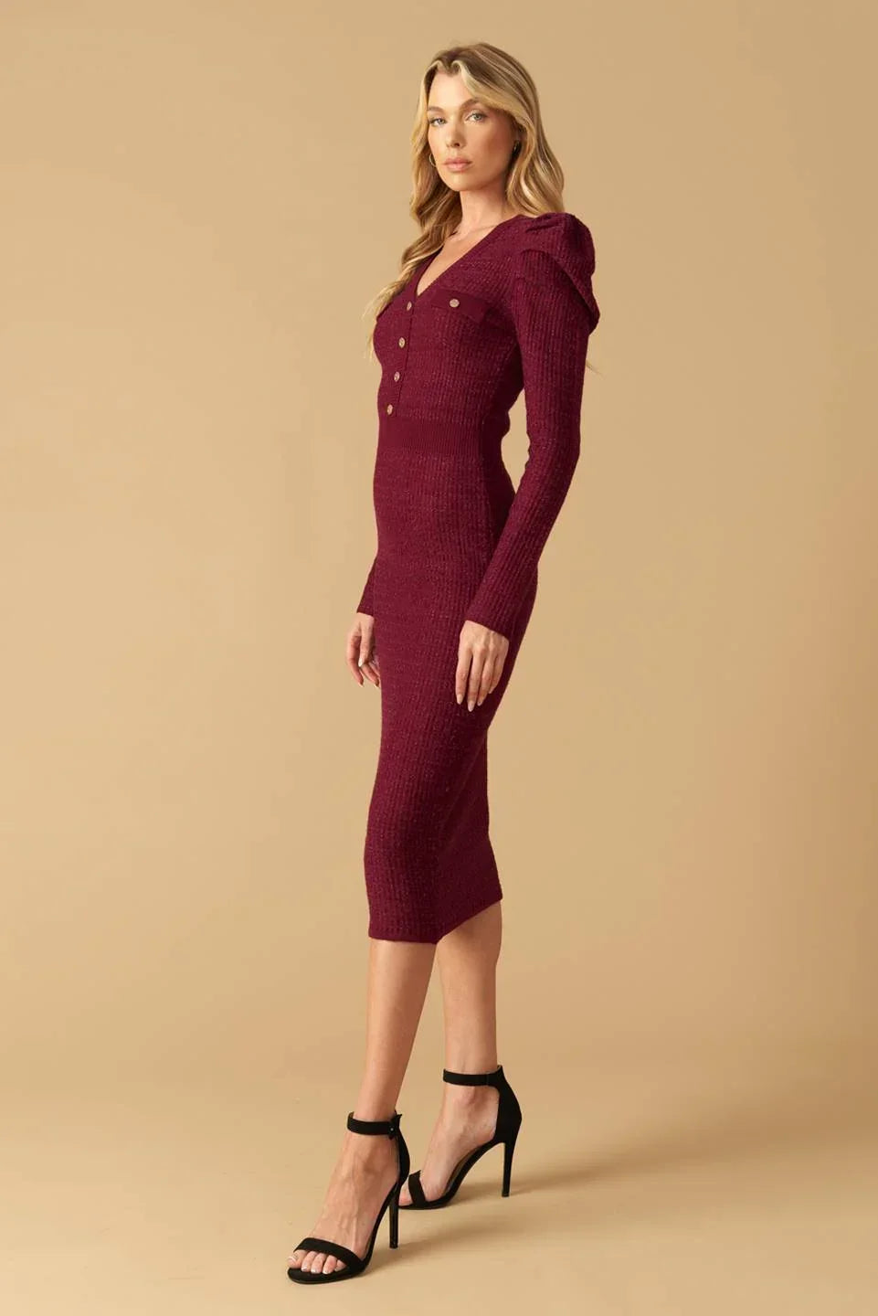 YOUNG LOVE - BURGUNDY - PUFF SLEEVE SWEATER DRESS - FINAL SALE