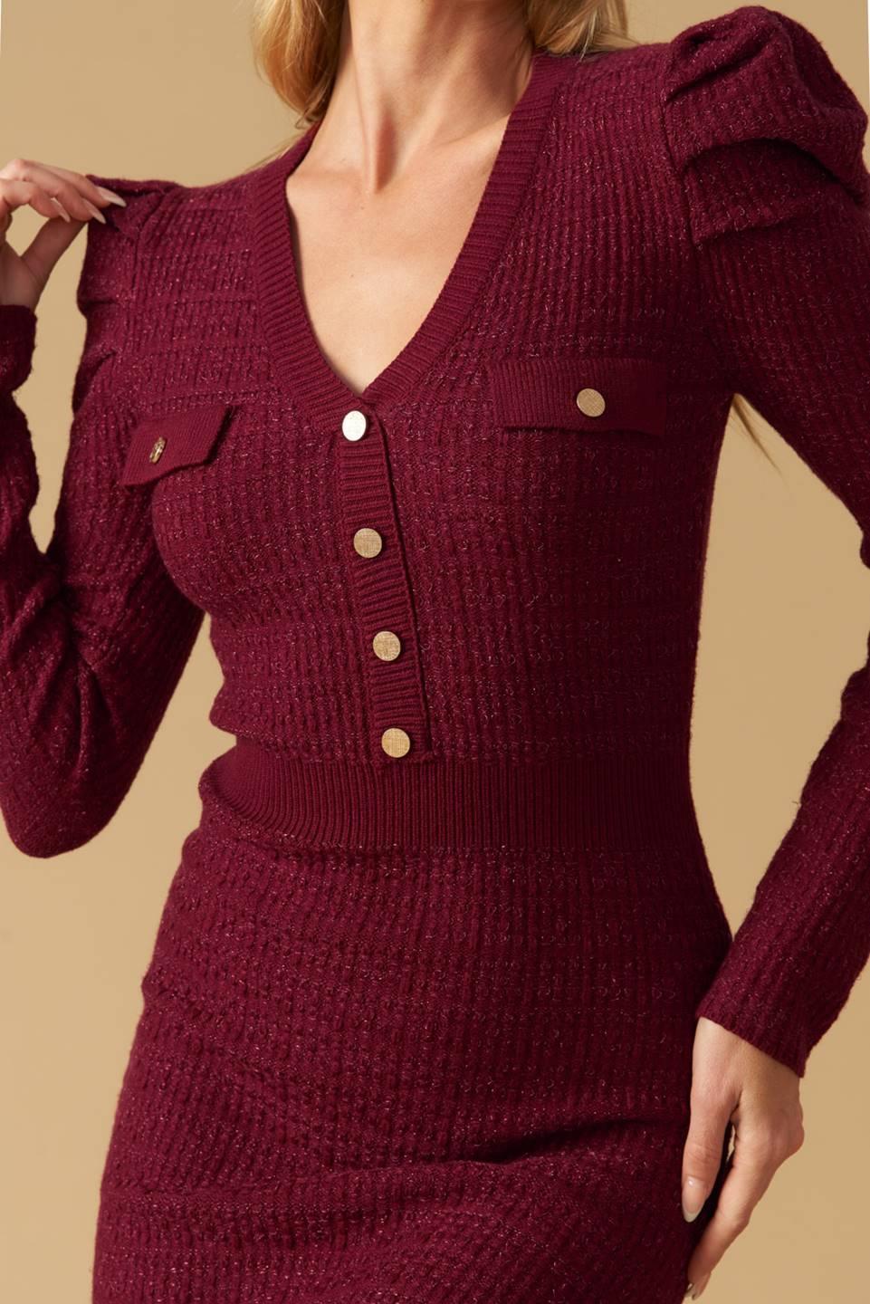 YOUNG LOVE - BURGUNDY - PUFF SLEEVE SWEATER DRESS - FINAL SALE