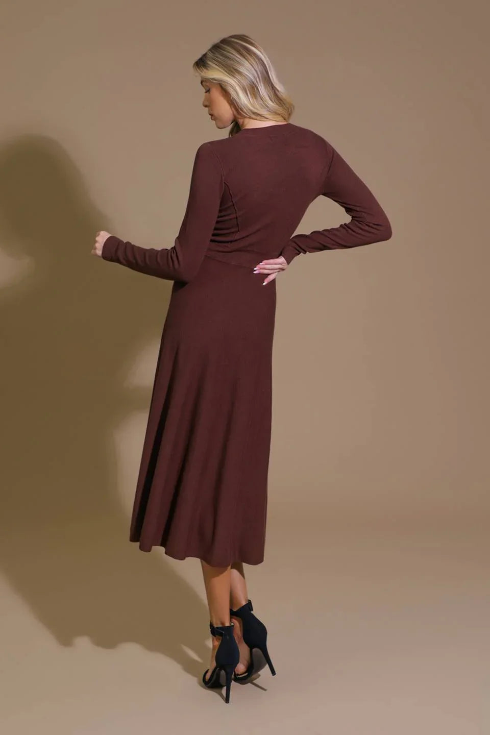 PLACES TO BE SWEATER KNIT MIDI BROWN DRESS