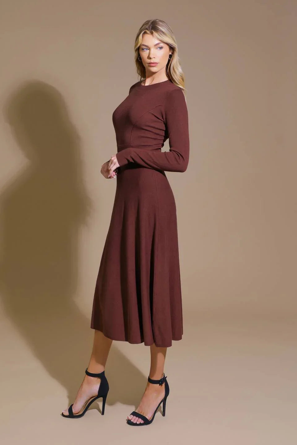 PLACES TO BE SWEATER KNIT MIDI BROWN DRESS