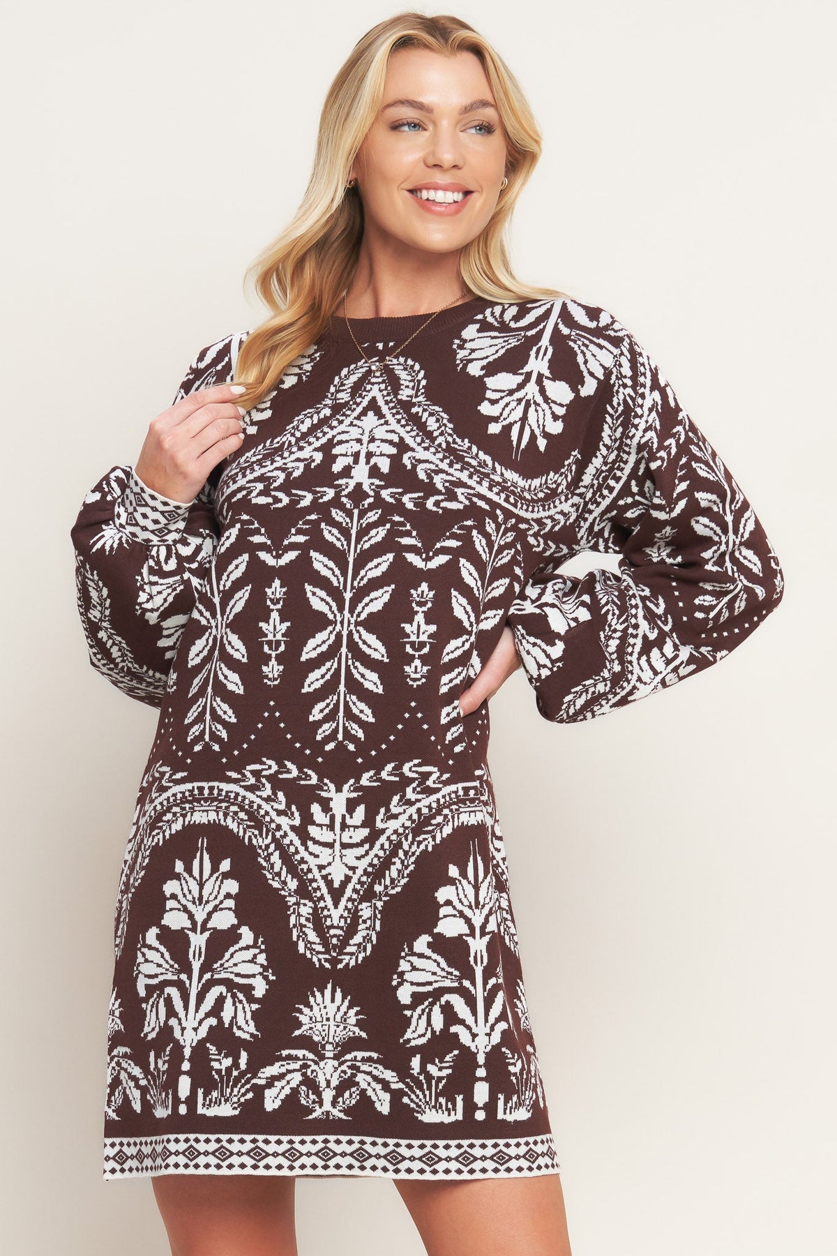 Patterned dress with beige boots
