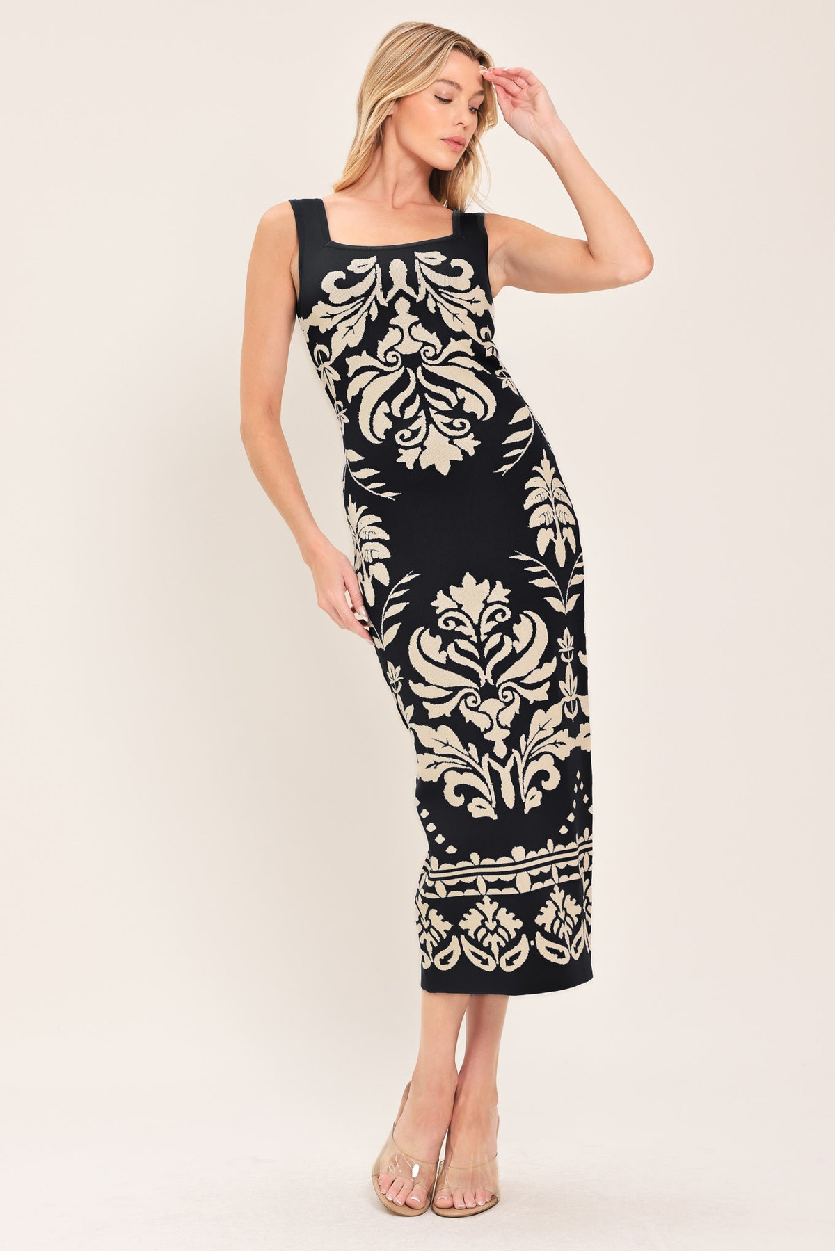 Jacquard Sweater Knit Square Neck Midi Dress in Black Taupe, alternate view | Lady Black Tie