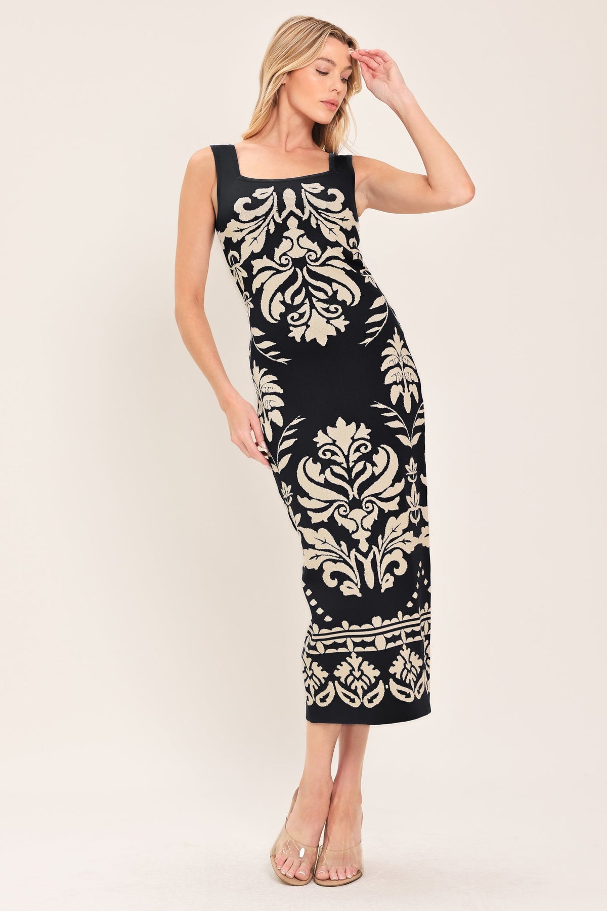 Jacquard Sweater Knit Square Neck Midi Dress in Black Taupe, alternate view | Lady Black Tie