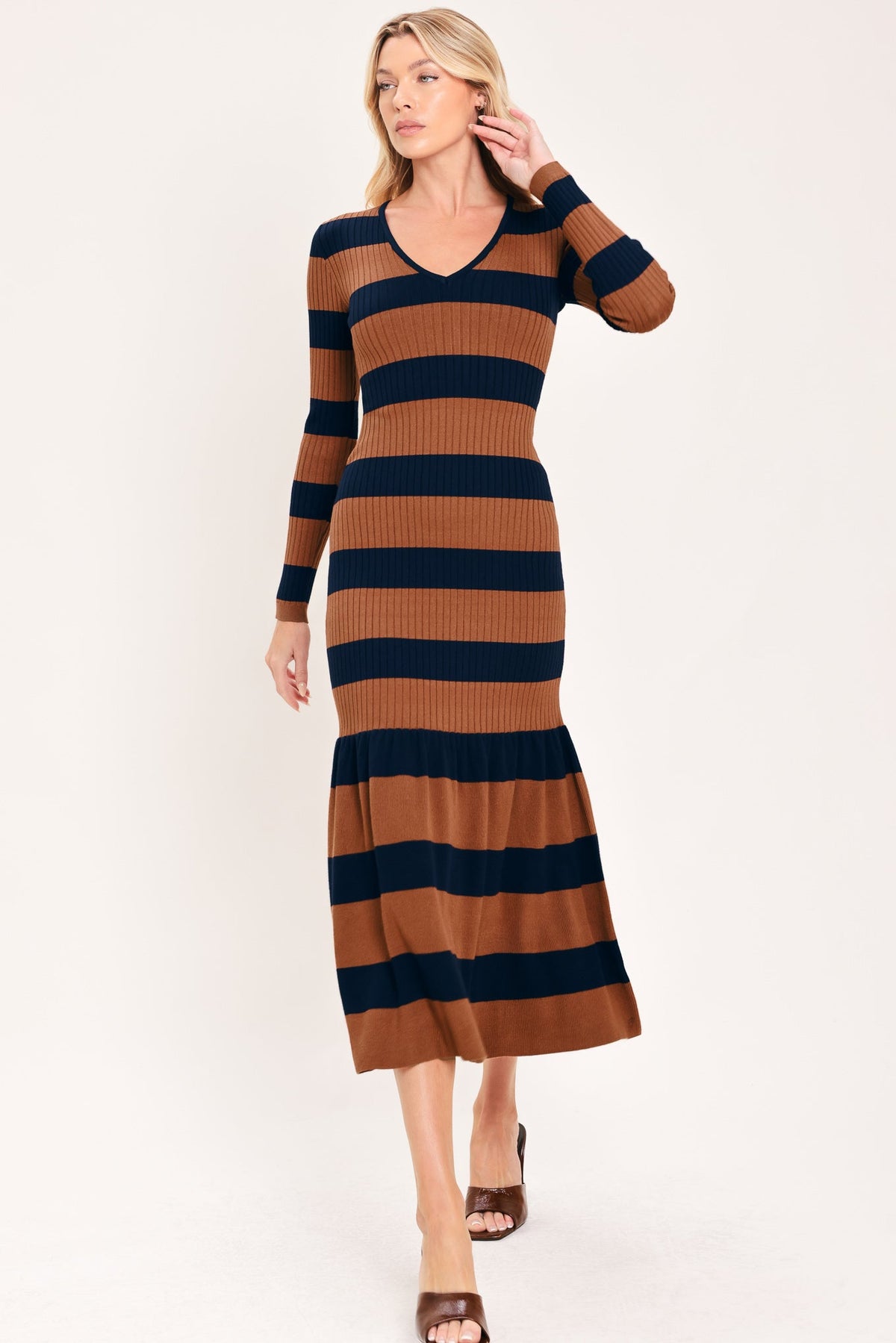 ISW5485 NAVY RUST _ Cognac Navy Rhythm Sweater Knit Midi Mermaid Dress | Lady Black Tie