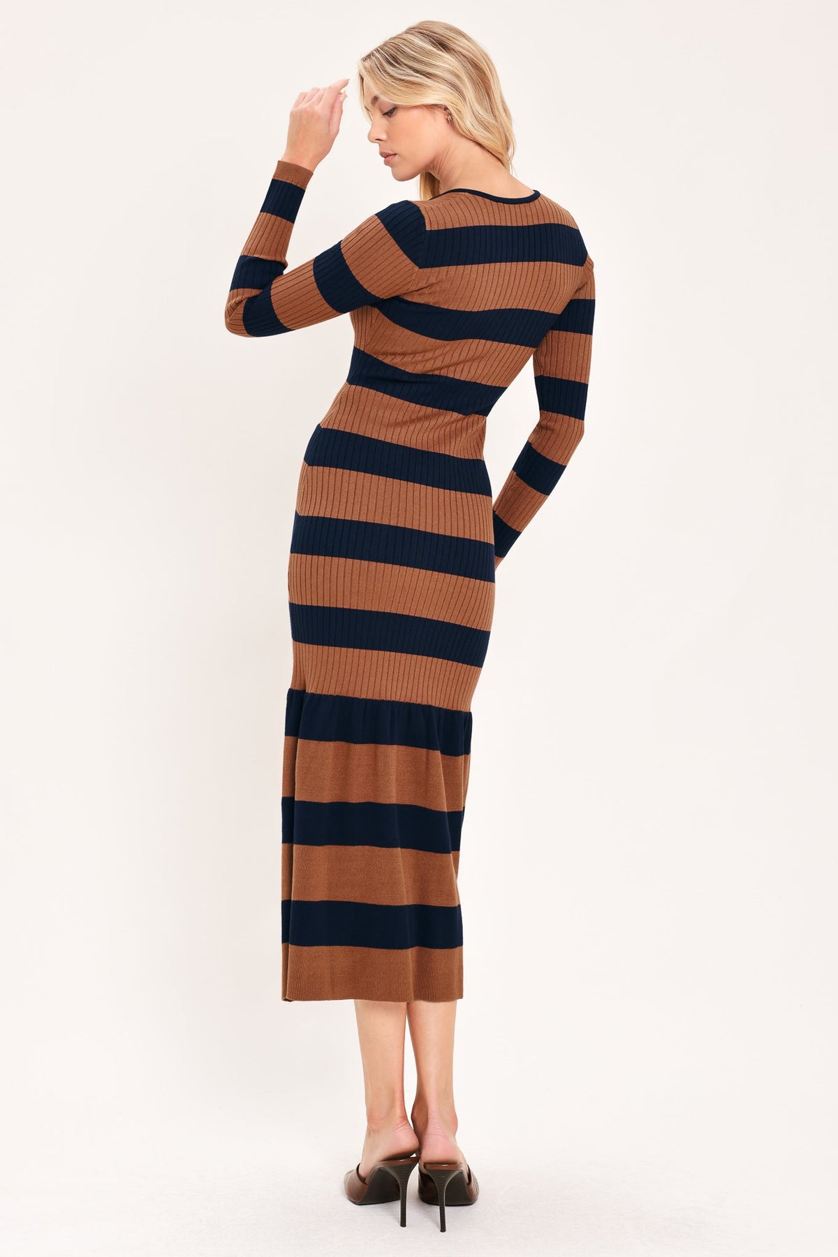 ISW5485 NAVY RUST _ Cognac Navy Rhythm Sweater Knit Midi Mermaid Dress | Lady Black Tie