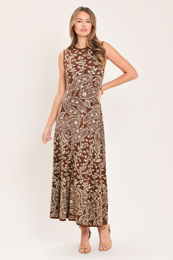 Paisley Jacquard Sweater Knit Midi Dress in Camel, front view | Lady Black Tie