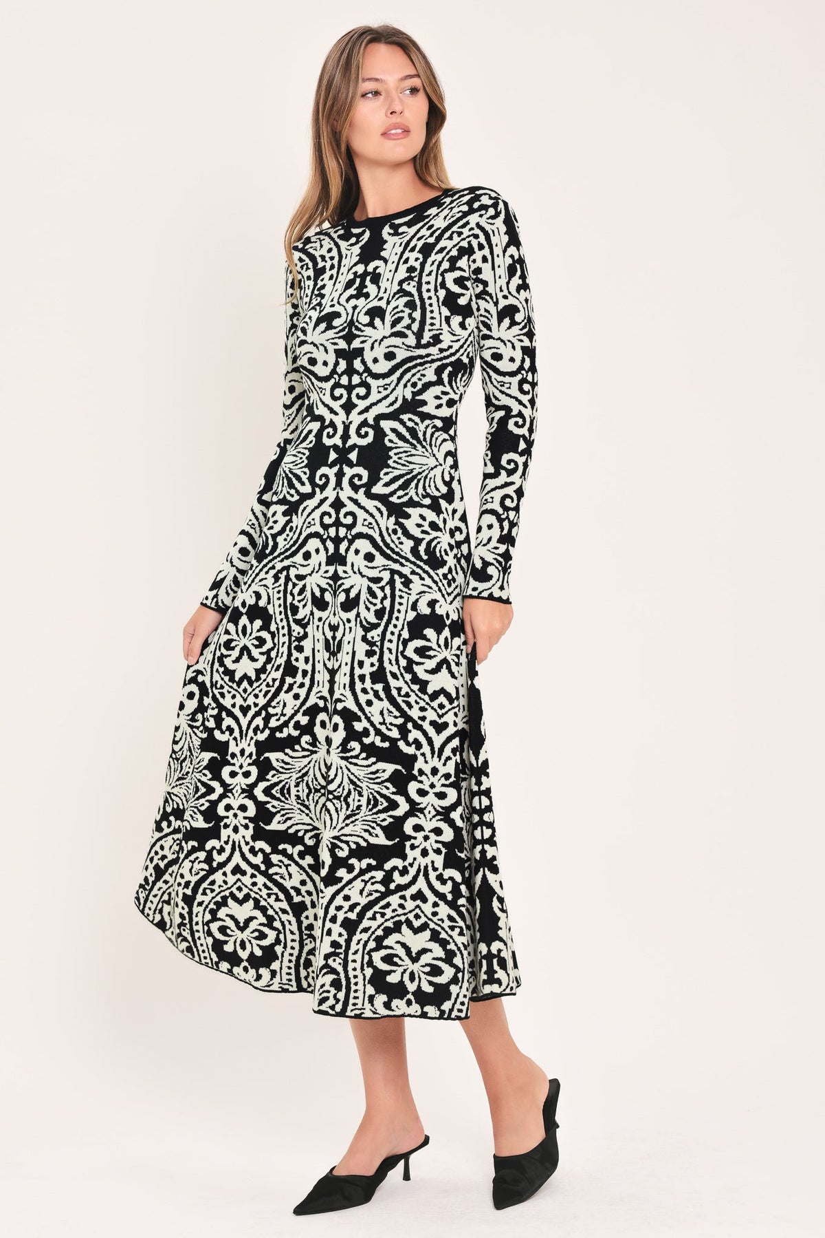 Black and White Damask Jacquard Sweater Midi Dress in Black, alternate view | Lady Black Tie