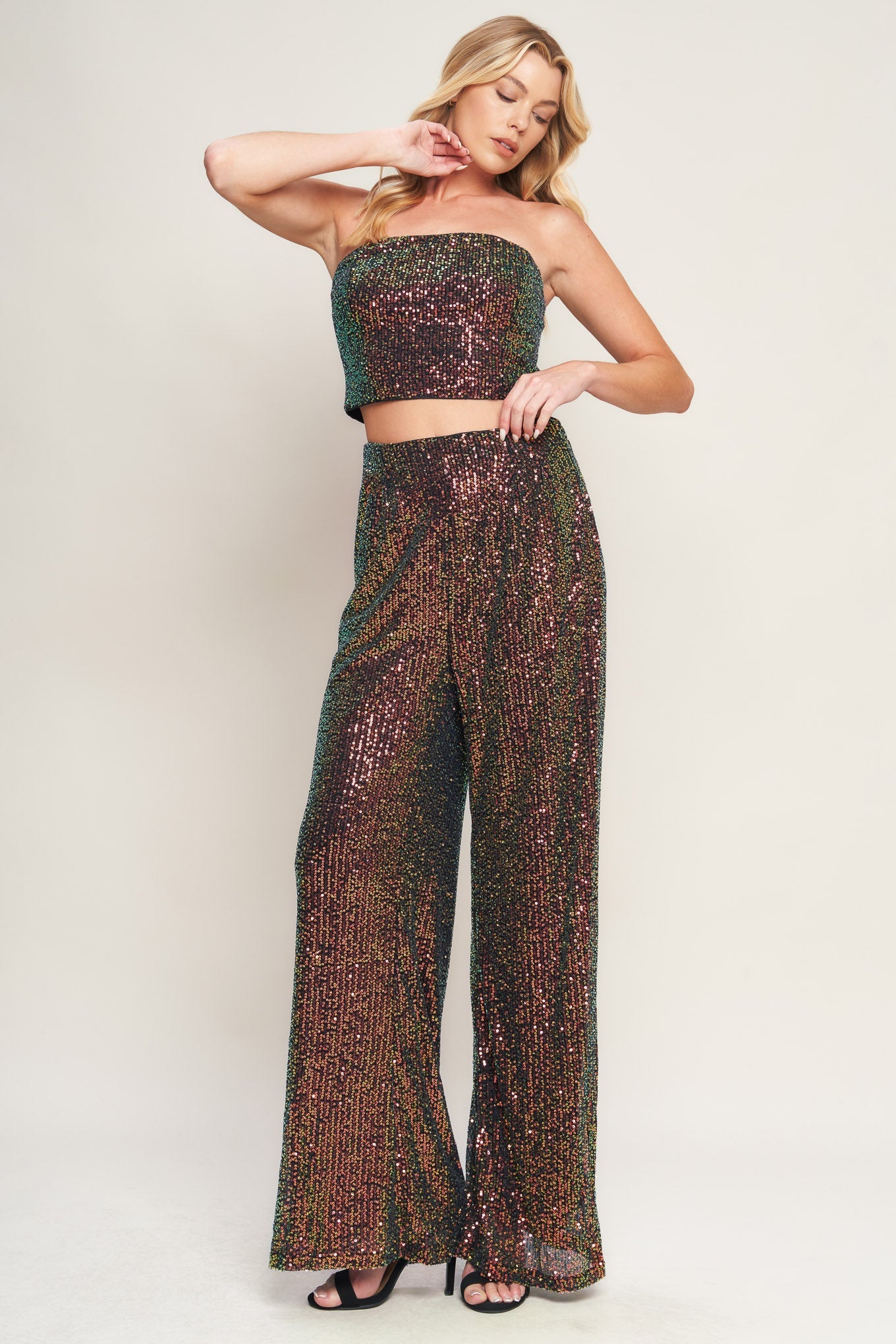 CHARMING COMPOSURE SEQUIN CROP TOP & PANT SET
