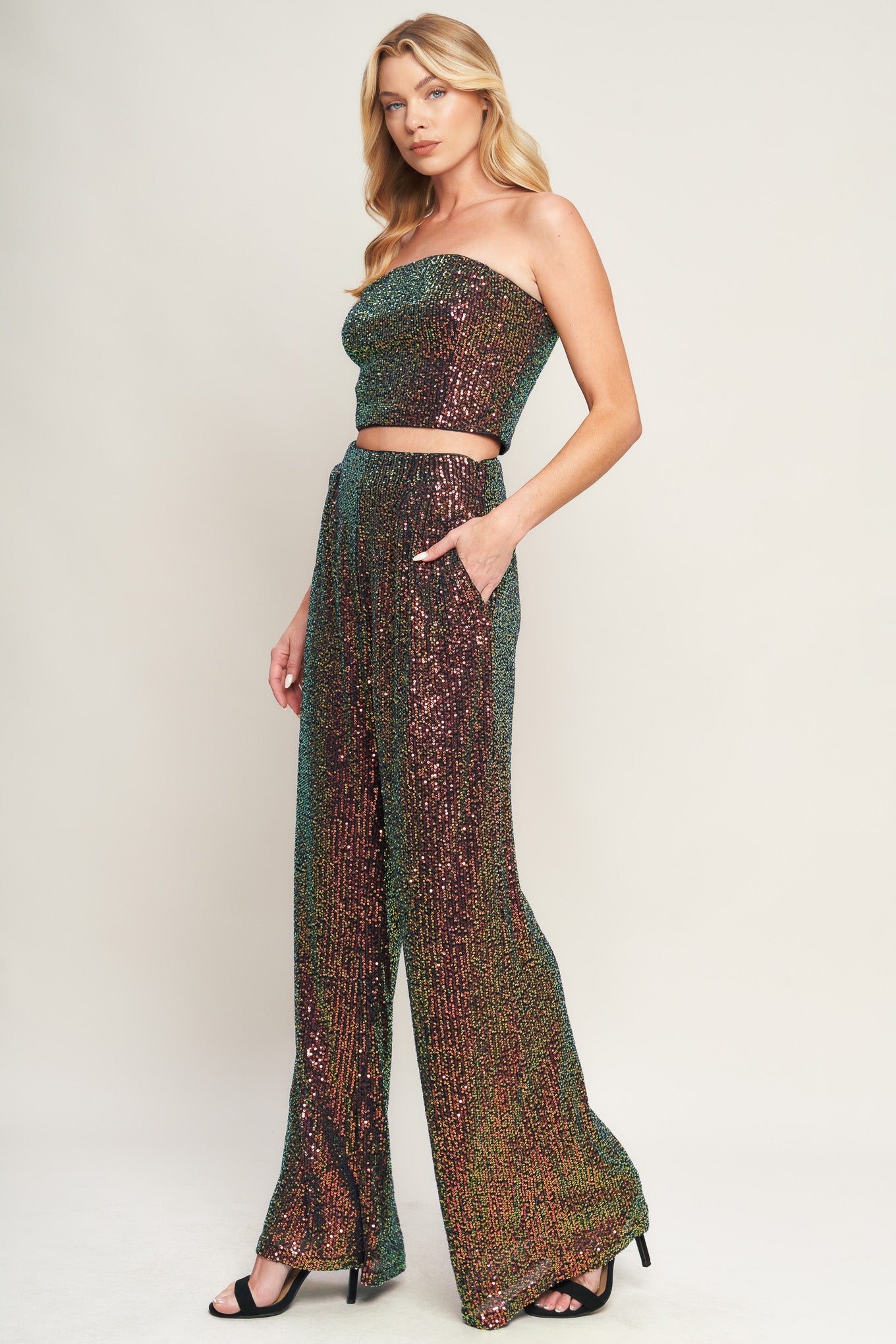 CHARMING COMPOSURE SEQUIN CROP TOP & PANT SET