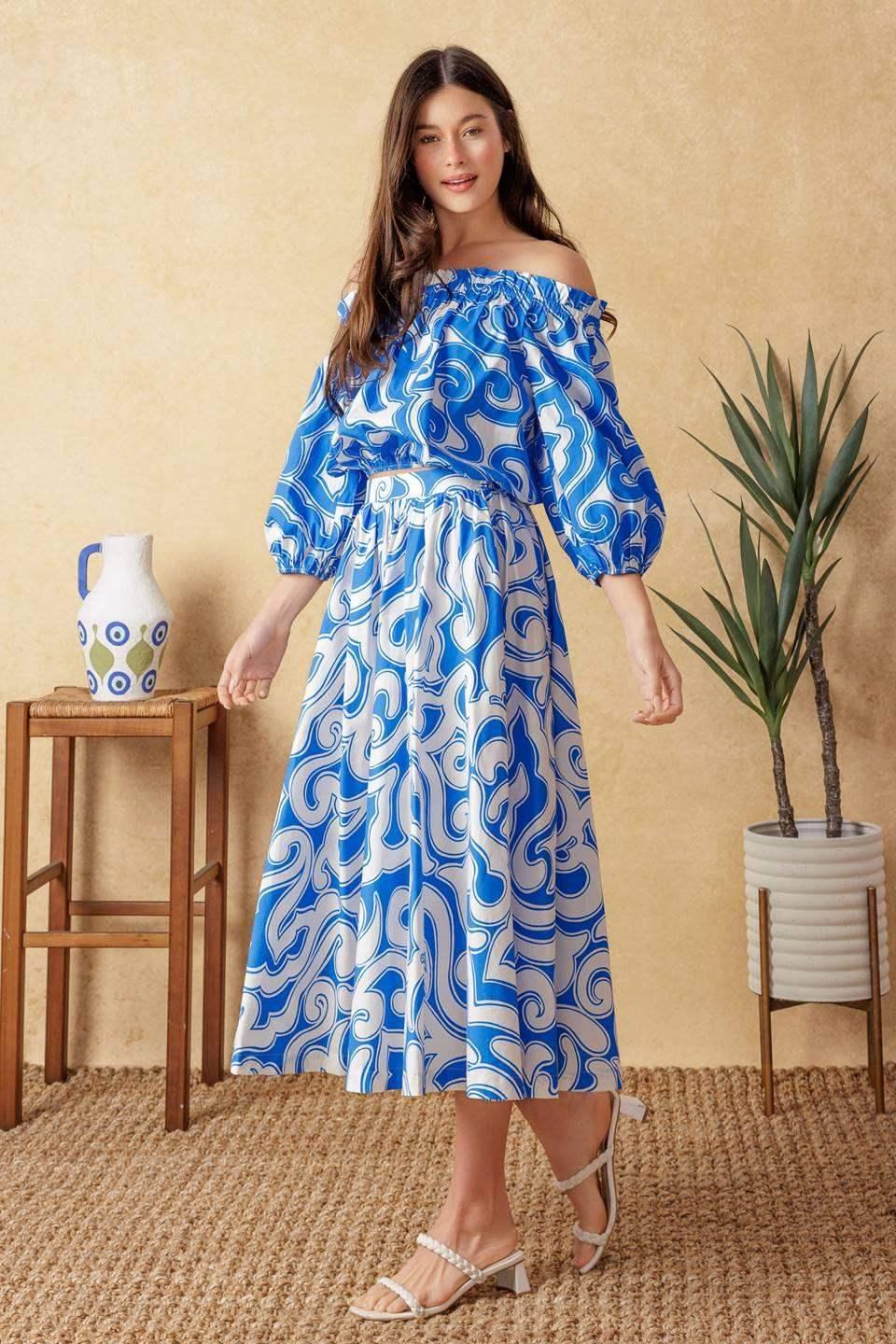 BEACH DAY TOP & SKIRT SET - BLUE & WHITE