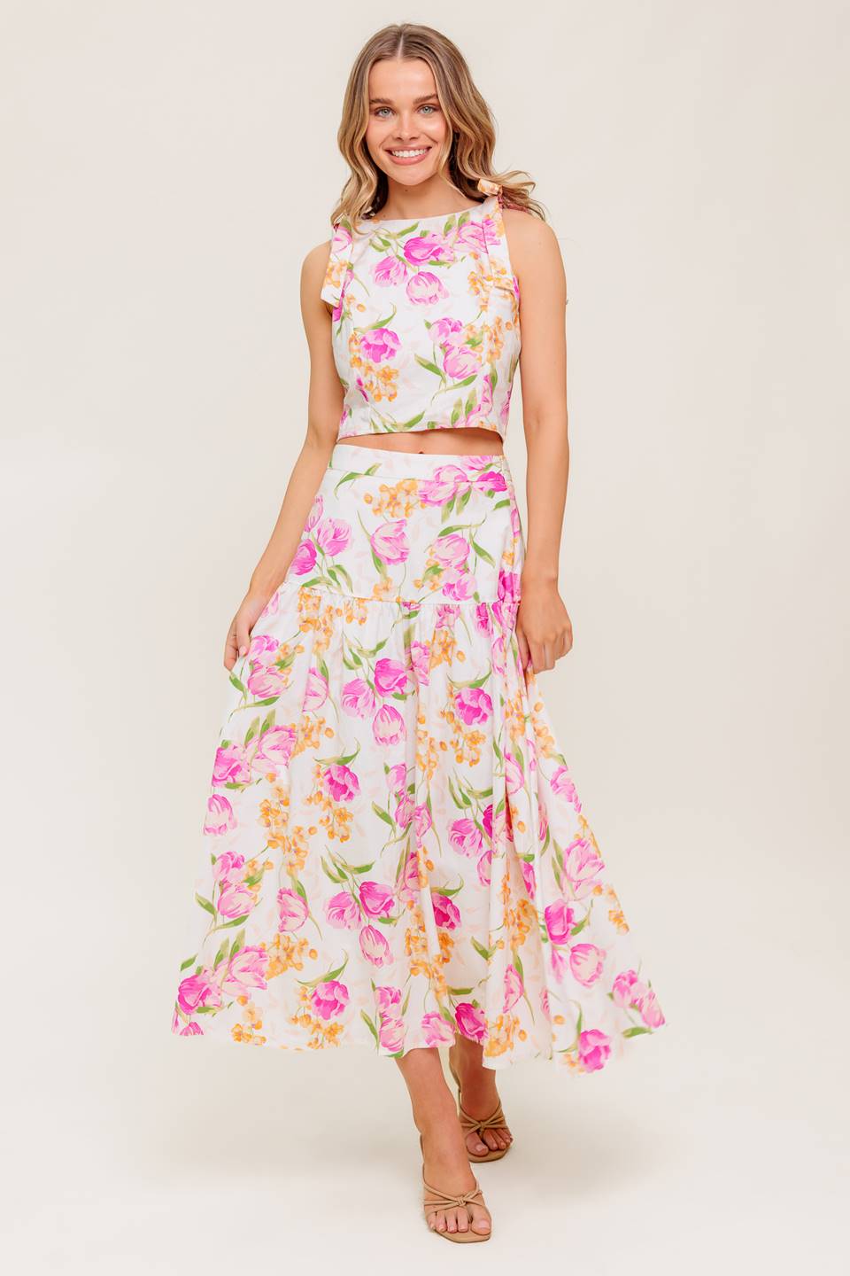 Lady Black Tie - Pink Tulip Garden - Top & Midi Skirt Set - Size L Lady Black Tie - Pink Tulip Garden - Top & Midi Skirt Set - Size L
