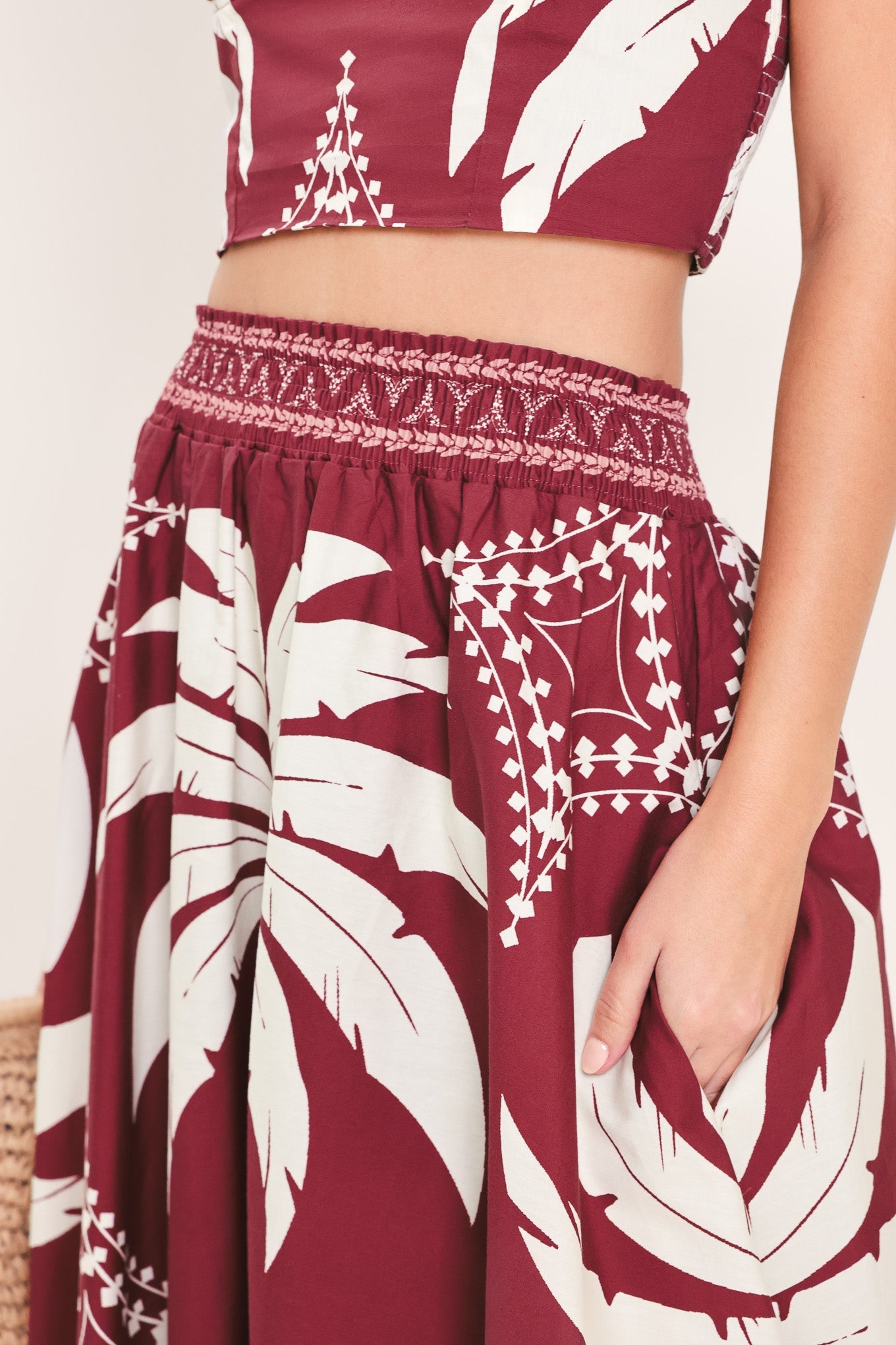 PARADISE CHARM BURGUNDY TOP & SKIRT SET