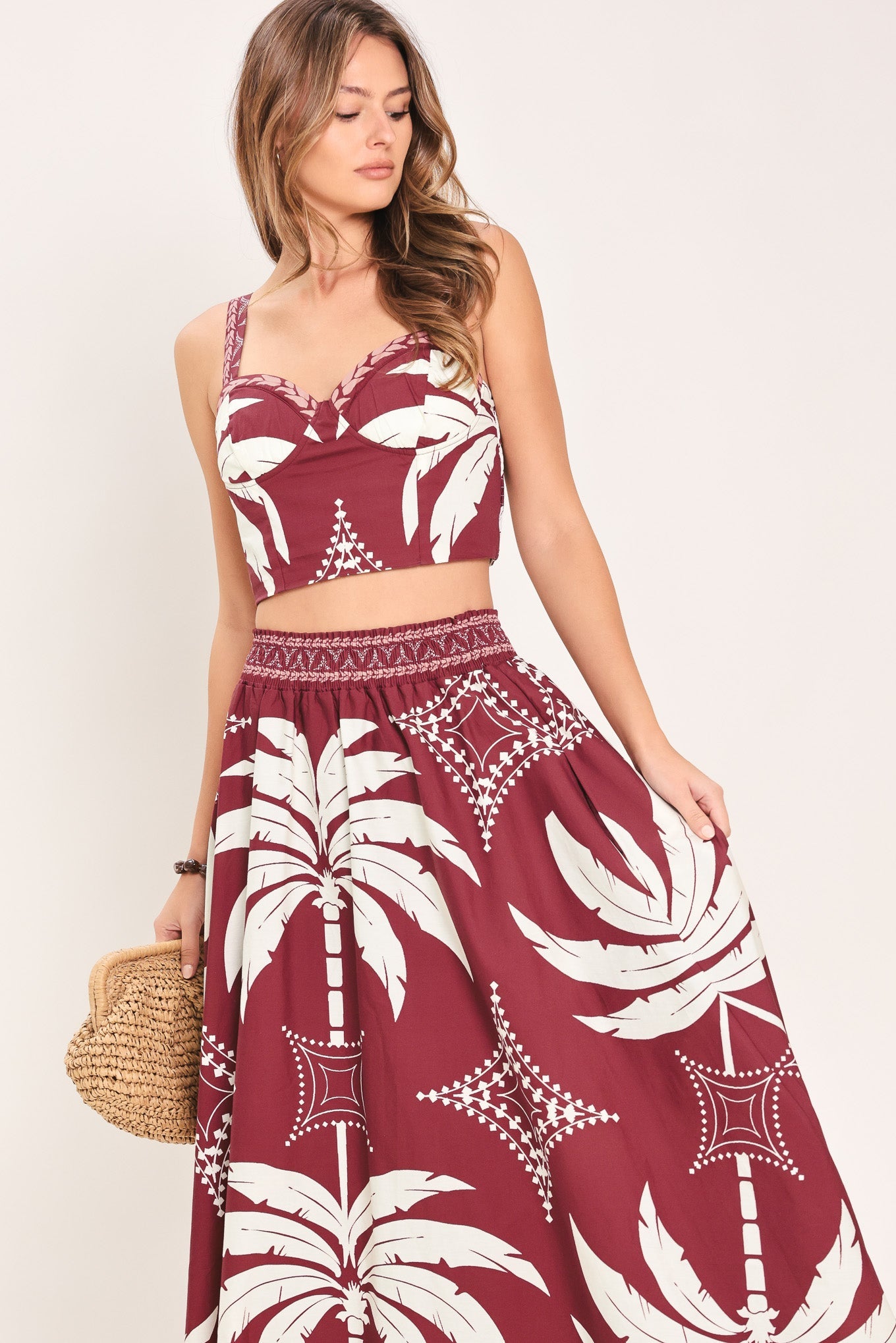 PARADISE CHARM BURGUNDY TOP & SKIRT SET