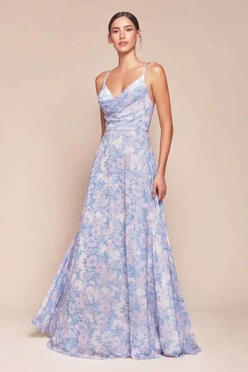 IRIS GOWN - BLUE - A-LINE SOFT CHIFFON PRINT DRESS