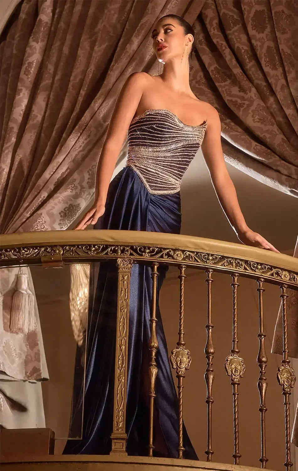 MYSTIQUE GOWN - STRAPLESS BEADED BODICE EVENING DRESS