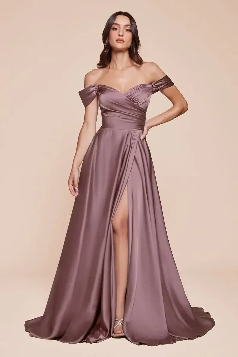 JILLIAN GOWN - ENGLISH VIOLET - A-LINE SOFT SATIN OFF THE SHOULDER DRESS