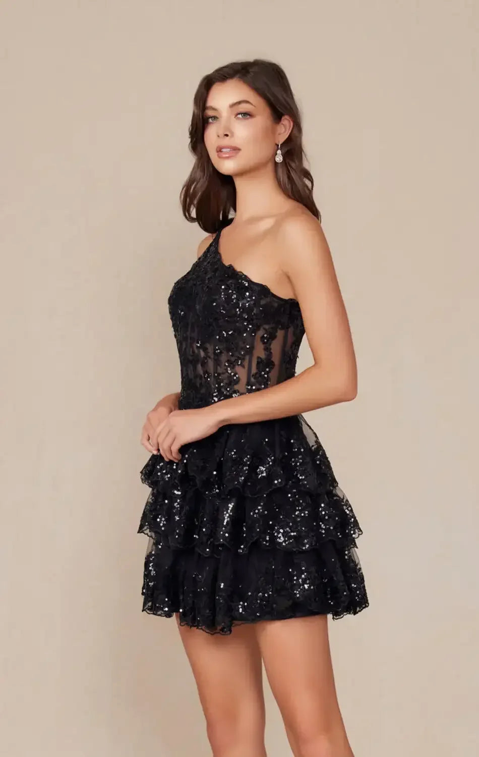 CHRISTIE MINI DRESS - BLACK - ONE SHOULDER TIERED SHORT DRESS
