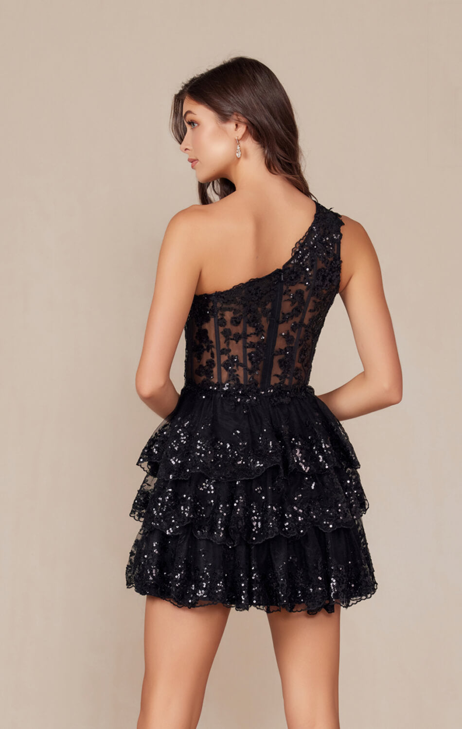 CHRISTIE MINI DRESS - BLACK - ONE SHOULDER TIERED SHORT DRESS