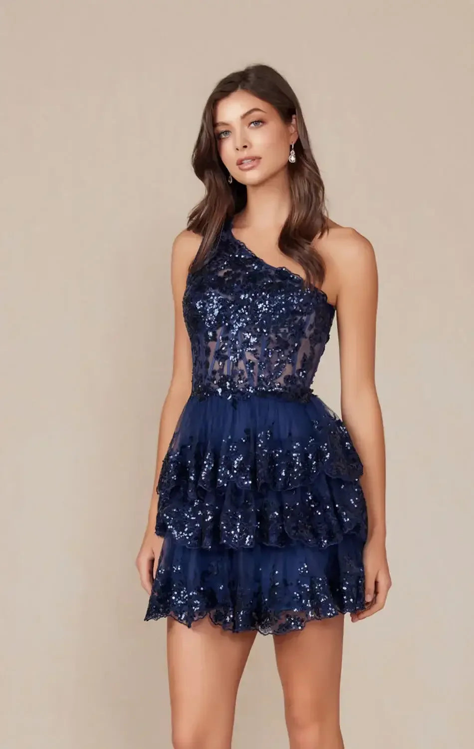 CHRISTIE MINI DRESS - NAVY BLUE - ONE SHOULDER TIERED SHORT DRESS