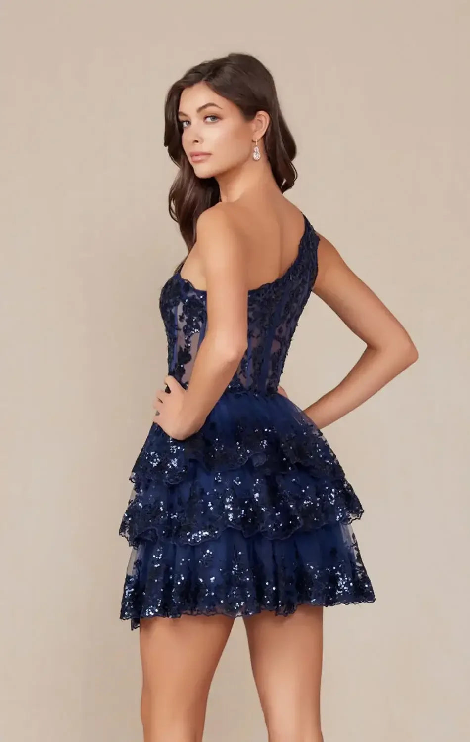 CHRISTIE MINI DRESS - NAVY BLUE - ONE SHOULDER TIERED SHORT DRESS